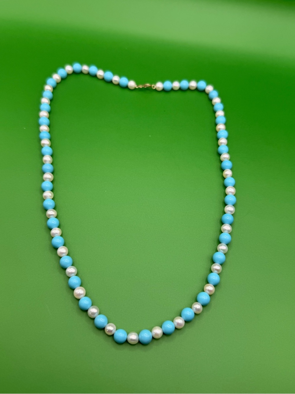 10k Yellow Gold Freshwater Pearl & Turquoise Color Stones Necklace 18”.